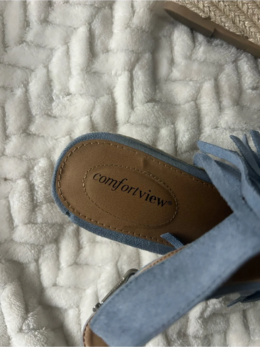 comfortview Light Blue Suede Fringe Espadrille Wedge Sandals